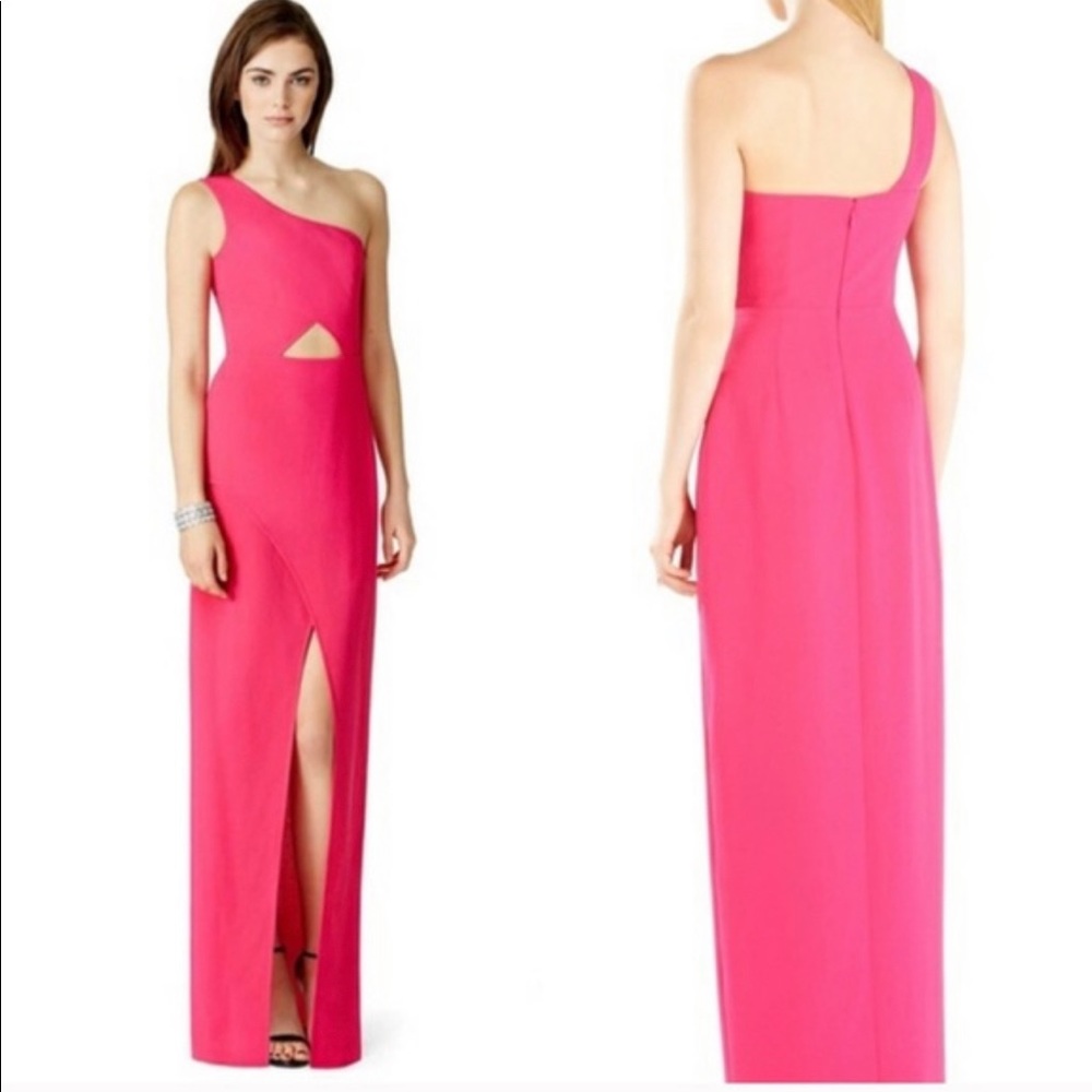 BCBG crepe evening gown in hot pink with one shoulder sleeve and cut out size 04